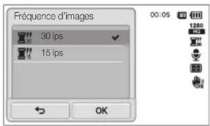 Fréquence d'images 30 ips 15 ips 00:05 1280 OK