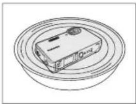 Line drawing of a digital camera on a circular base (no text or symbols)