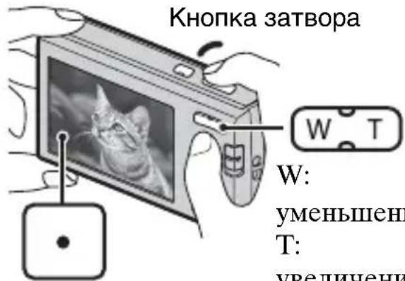 Кнопка затвора W: уменьшени T: увеличени