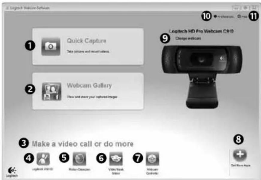 Logitech Webcam Software 1 Quick Capture Take pictures and recent videos. 2 Webcam Gallery View and share your captured images. 3 Make a video call or do more 4 Logitech VBA ID 5 Motion Detection 6 Video Mask Analyzer 7 Webcam Controller 8 Get More Apps 9 Logitech HD Pro Webcam C910 Change indicators