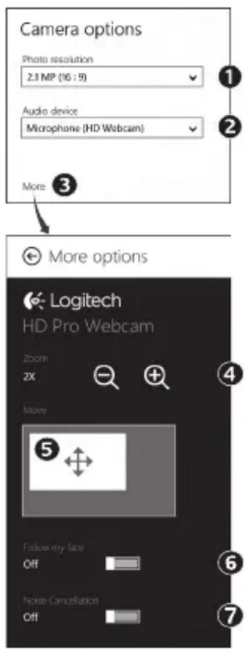 Camera options Photo resolution 2.1 MP (16 : 9) Audio device Microphone (HD Webcam) More More options Logitech HD Pro Webcam Zoom ZX Move 5 Follow my face Off Noise Cancellation Off