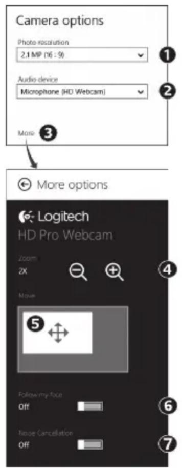Camera options Photo resolution 2.1 MP (16:56) Audio device Microphone (HD Webcam) More More options Logitech HD Pro Webcam Zoom 2X Move Follow my face Off Noise Cancellation Off