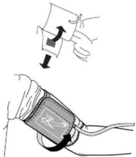 Medical illustration showing a hand holding a device with an arrow indicating force or movement, and a close-up of a blood pressure monitor with a labeled component.