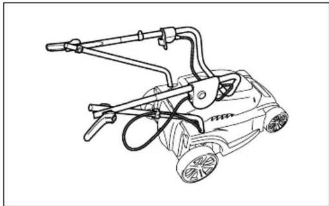 Line drawing of a lawn mower with adjustable handle and wheels (no text or symbols)