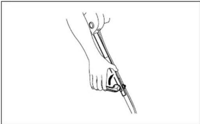 Line drawing of a hand holding a tool, possibly a medical or laboratory instrument (no text or symbols present)