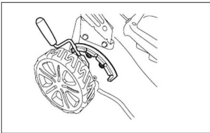 Line drawing of a mechanical device with a wheel and lever mechanism (no text or symbols)