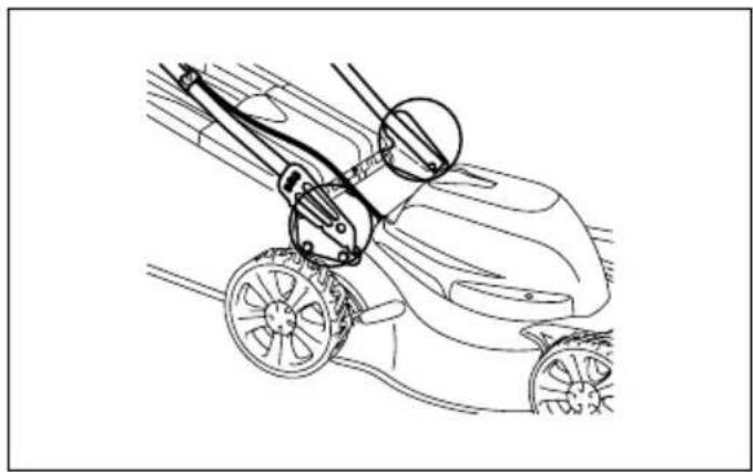 Line drawing of a lawn mower with visible wheel rim and blade assembly (no text or symbols)