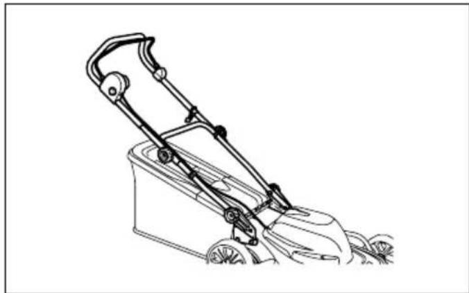 Line drawing of a lawn mower with handle and wheels (no text or symbols)