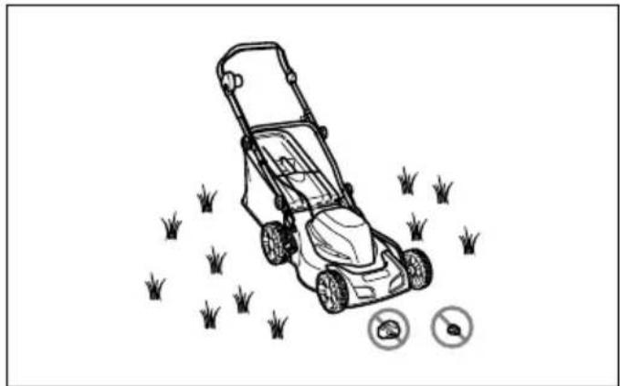 Line drawing of a lawn mower with grass and two circular icons indicating no use or damage (no text or symbols)