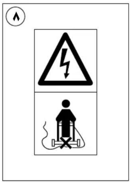 Safety warning symbols including a lightning bolt and a person using a device with a fuse, accompanied by a warning symbol.