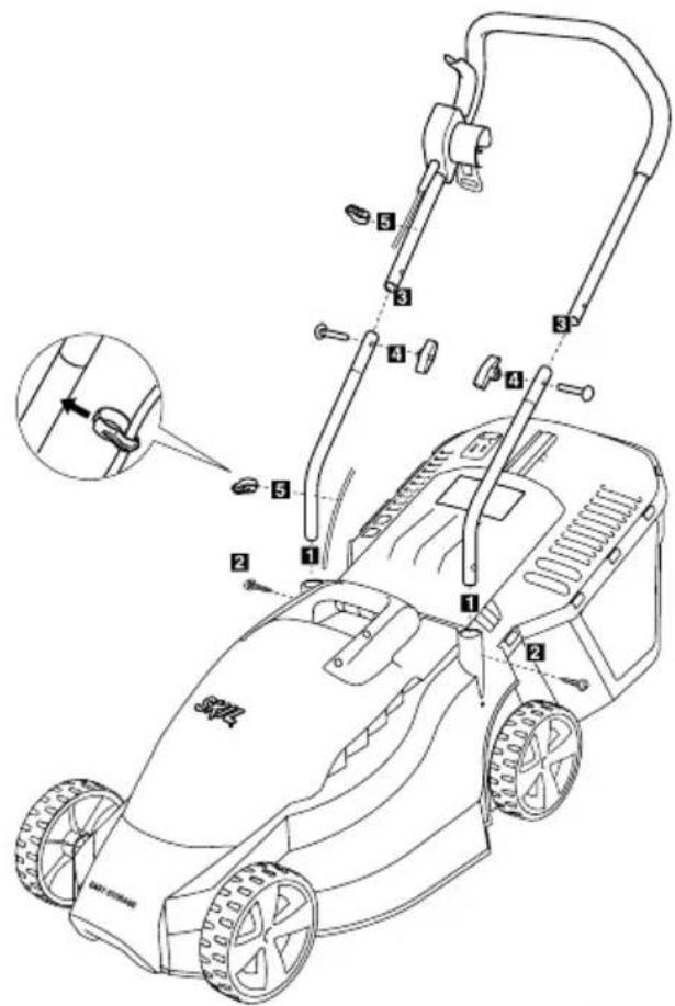 Technical diagram of a lawn mower with numbered parts and an inset close-up view showing the handle mechanism.