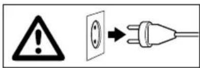 Warning symbol and electrical plug diagram showing an explosion effect on a socket connected to a plug