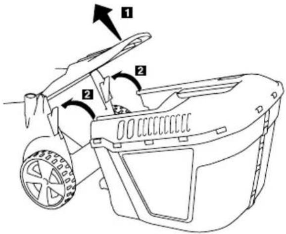 Technical diagram of a scooter body with numbered parts and directional arrows indicating components
