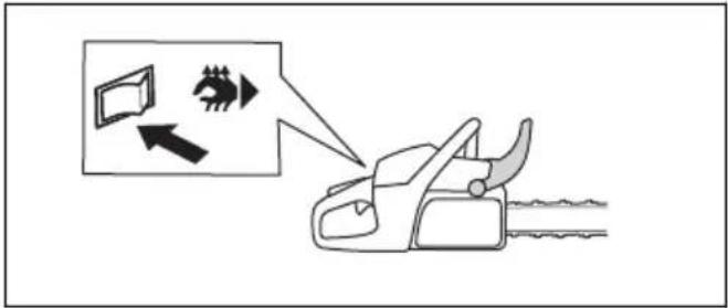 Diagram showing a chainsaw with a dialog box and directional arrows, indicating action or operation.