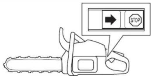 Diagram of a chainsaw with a stop button and directional arrow, likely indicating a counter or control signal.