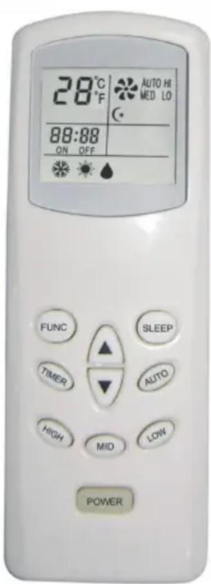 28°C AUTO HI MED LO 88:88 ON OFF FUNC SLEEP TIMER AUTO HIGH MID LOW POWER