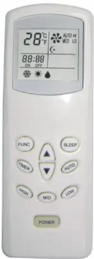 28°C F AUTO HI MED LO 88:08 ON OFF FUNC SLEEP TIMER AUTO HIGH MID LOW POWER