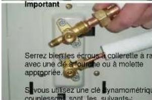 Important Serrez bien les écrous à collerette à ra avec une clé à fourne ou à molette appropriée. Si vous utilisez une clé dynamométrique couplessont sont les suivants :
