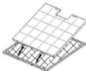 Isometric line drawing of a grid-patterned structure with supporting beams (no text or symbols)