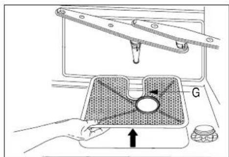 Technical diagram showing a hand operating a mechanical device with labeled component G and directional arrow