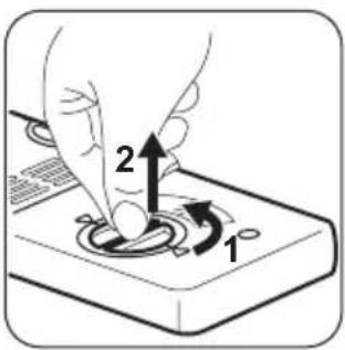 Diagram showing a hand pressing a button on a device with labeled parts 1 and 2, indicating a step in the process.