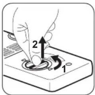 Diagram showing a hand pressing a button on a device with labeled parts 1 and 2, indicating a step in the process.