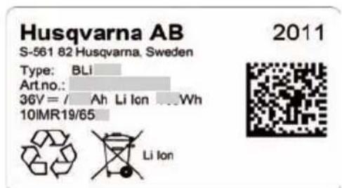 Husqvarna AB S-561 82 Husqvarna, Sweden Type: BLi Art.no.: 36V = / Ah Li Ion ...Wh 10IMR19/65 Li Ion 2011