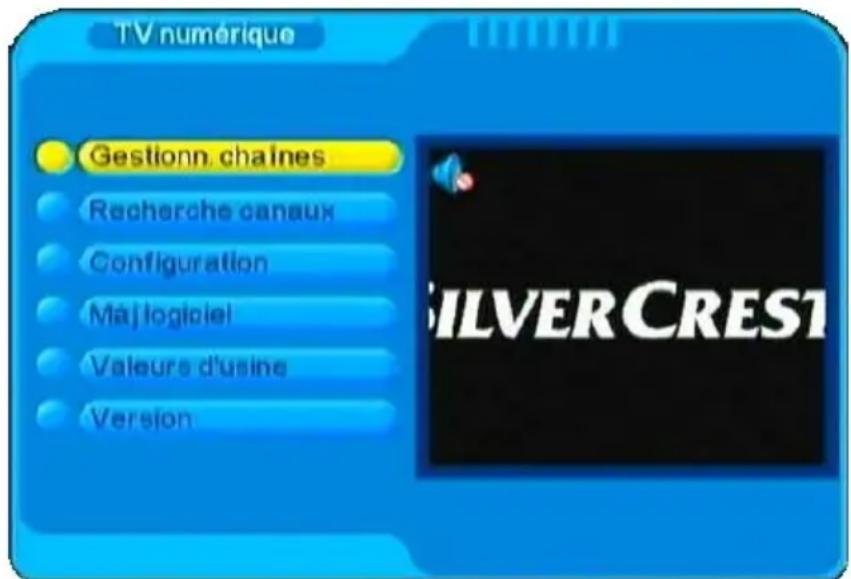 TV numérique Gestionn.chaines Recherche canaux Configuration Maj logiciel Valeurs d'usine Version SILVER CREST