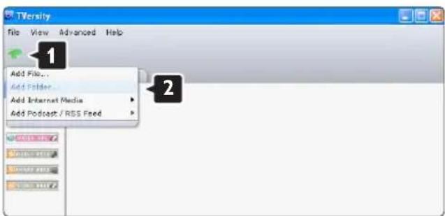 TVersity File View Advanced Help Add File... Add Folder... Add Internet Media Add Podcast / RSS Feed 1 2