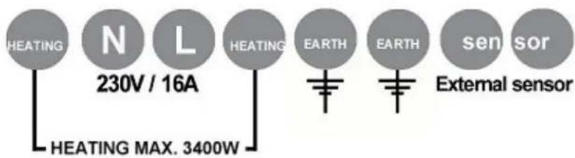 HEATING N L 230V / 16A HEATING EARTH EARTH sensor External sensor HEATING MAX. 3400W