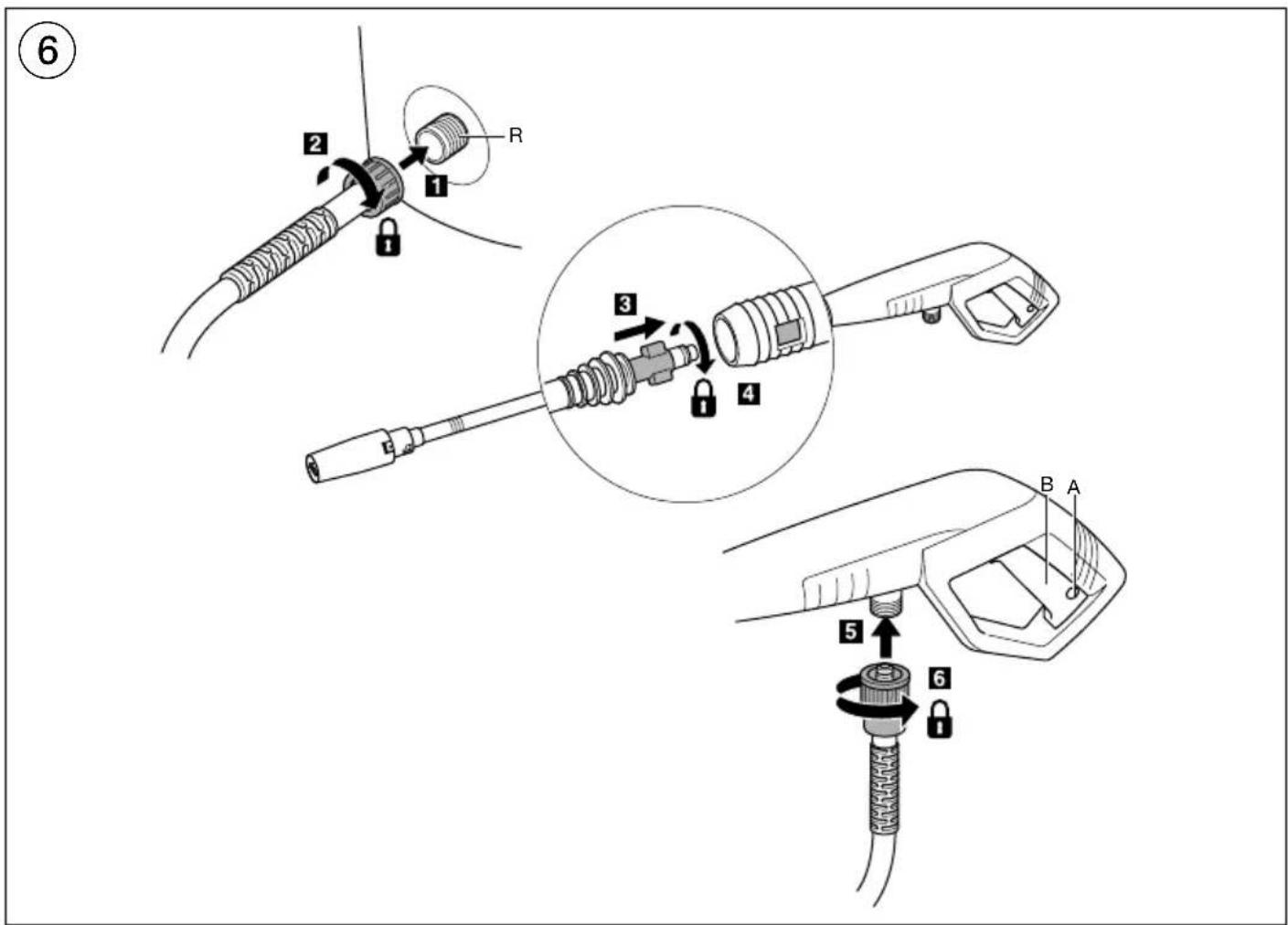 Diagram illustrating the step-by-step installation of a cable connector with labeled parts and lock mechanism