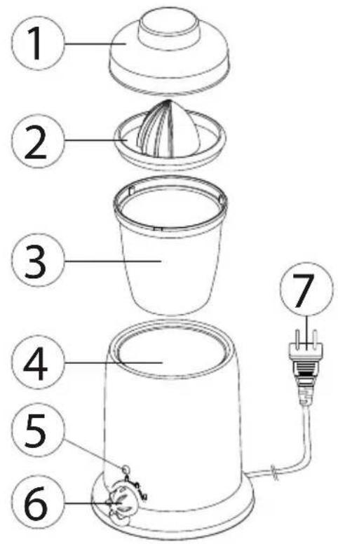 Diagram of a coffee maker with numbered parts including lid, cup, and plug connection