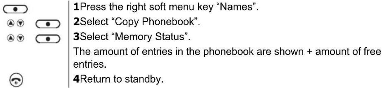 1Press the right soft menu key "Names". 2Select "Copy Phonebook". 3Select "Memory Status". The amount of entries in the phonebook are shown + amount of free entries. 4Return to standby.