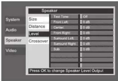 Speaker System Size Test Tone: Off Audio Distance Front Left: 0 dB Level Center: 0 dB Speaker Crossover Surround Left: 0 dB Video Sub Surround Right: 0 dB Press OK to change Speaker Level Output