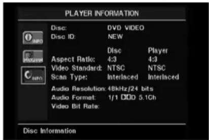 PLAYER INFORMATION Disc: DVD VIDEO Disc ID: NEW Disc Player Aspect Ratio: 4:3 4:3 Video Standard: NTSC NTSC Scan Type: Interlaced Interlaced Audio Resolution: 48kHz/24 bits Audio Format: 1/1 DDD 5.1Ch Video Bit Rate: Disc Information