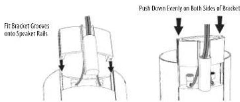 Fit Bracket Grooves onto Speaker Rails Push Down Evenly on Both Sides of Bracket