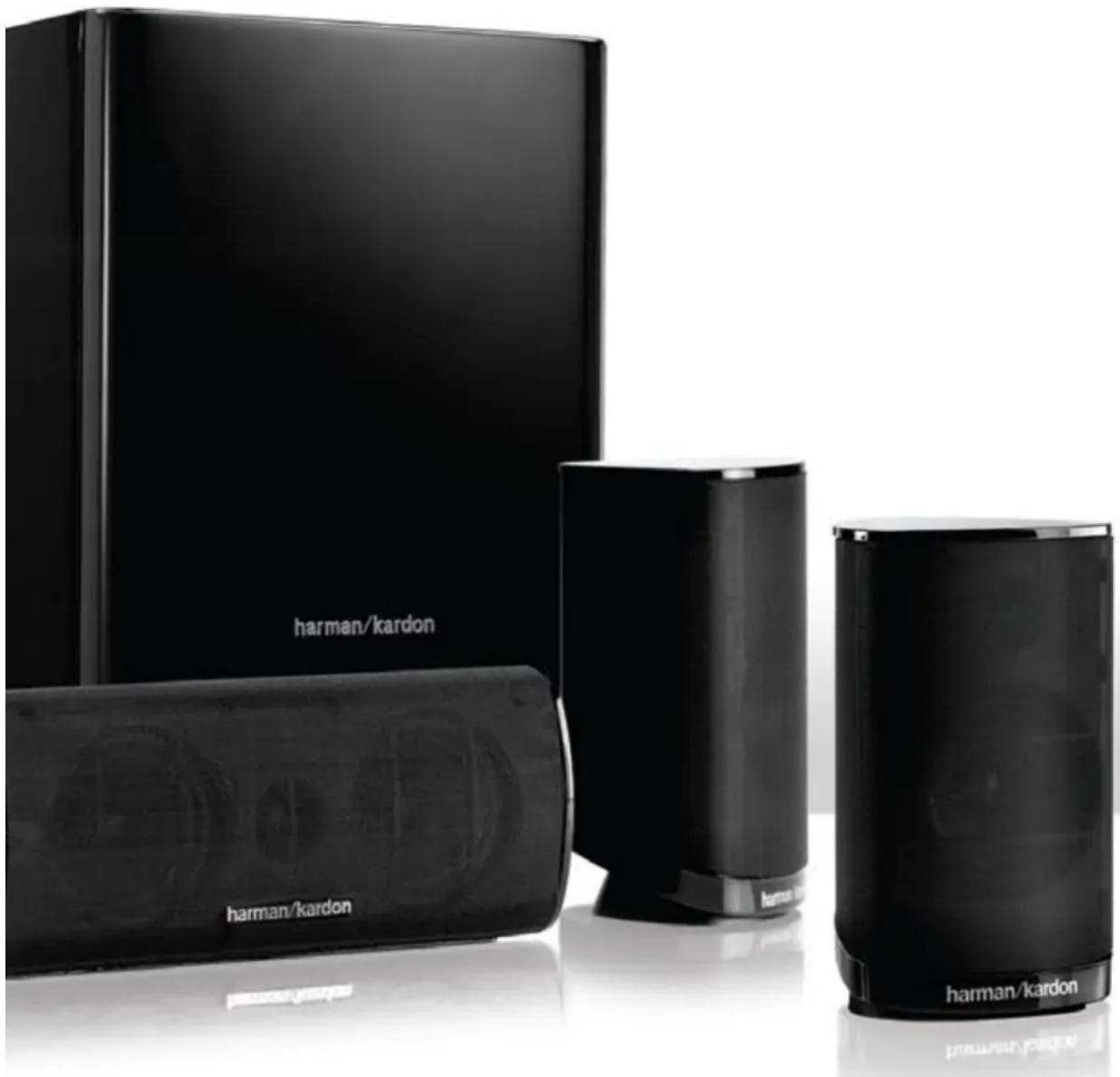 Product display of Harman/kardon brand speakers and charging stations (no visible text or symbols on devices)