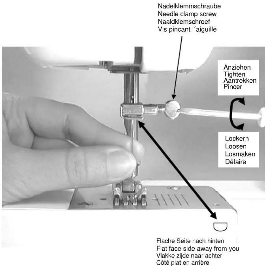 Nadelklemmschraube Needle clamp screw Naaldklemschroef Vis pincant l'aiguille Anziehen Tighten Aantrekken Pincer Lockern Loosen Losmaken Défaire Flache Seite nach hinten Flat face side away from you Vlakke zijde naar achter Côté plat en arrière
