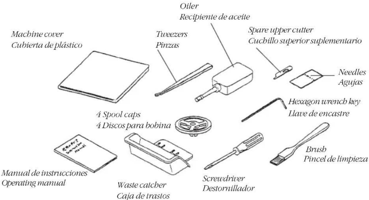 Machine cover Cubierta de plástico 4 Spool caps 4 Discos para bobina Manual de instrucciones Operating manual Oiler Recipiente de aceite Tweezers Pinzas Spare upper cutter Cuchillo superior suplementario Needles Agujas Hexagon wrench key Llave de encastre Brush Pincel de limpieza Waste catcher Caja de trastos Screwdriver Destornillador