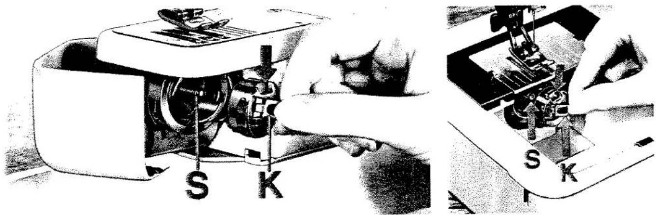 Illustration technique d'un dispositif mécanique avec des pièces étiquetées (S et K), montrant des mains qui l'actionnent (aucun texte lisible ni symbole au-delà des étiquettes)