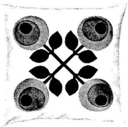 Motif floral ou feuillu symétrique en noir et blanc avec quatre yeux circulaires et une croix centrale (sans texte ni symboles)