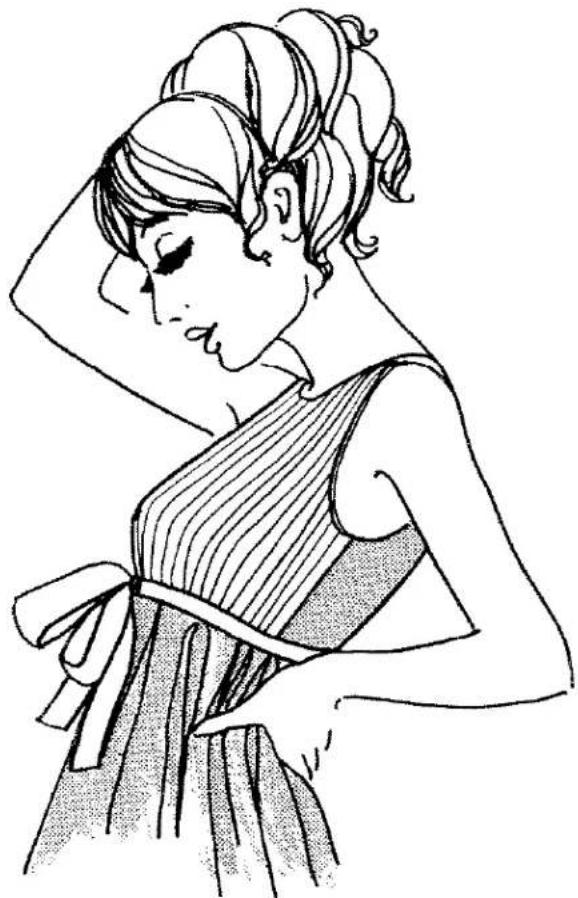 Dessin au trait d'une femme portant une robe rayée avec un nœud, la main près du visage (sans texte ni symboles)