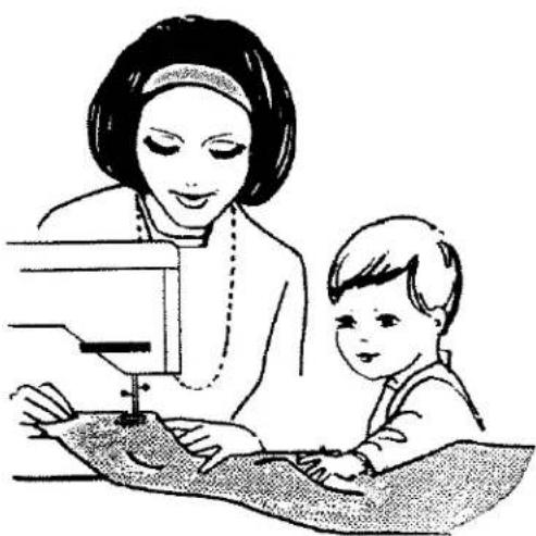 Illustration d'une femme utilisant une machine à coudre avec un enfant à proximité (aucun texte ou symbole)