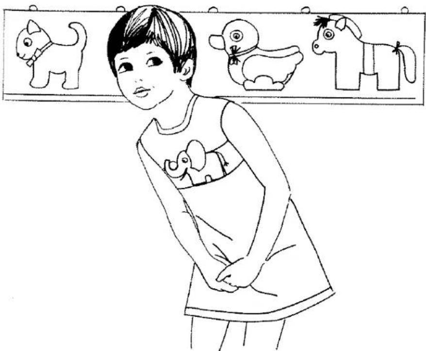 Illustration d'une fille avec des jouets d'animaux devant un présentoir mural (aucun texte ou symbole).