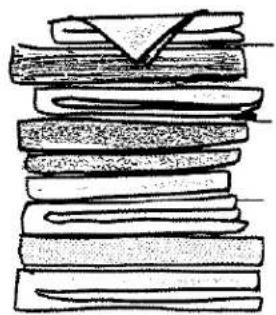 Pile de livres avec un marque-page en forme de V (aucun texte ou symbole visible)