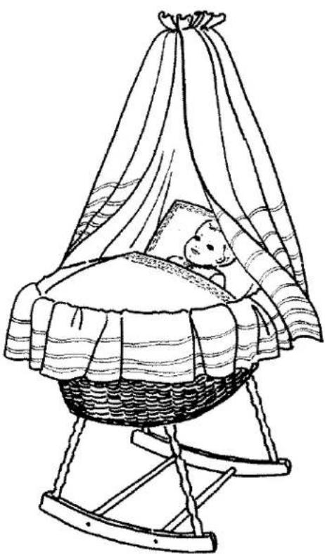 Dessin au trait d'un bébé enveloppé dans un panier en osier avec une couverture, sans texte ni symbole.