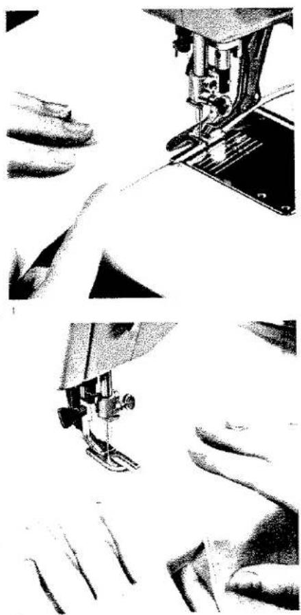 Gros plan sur l'aiguille d'une machine à coudre et le tissu en cours de couture, montrant les détails des points (aucun texte ou symbole visible).