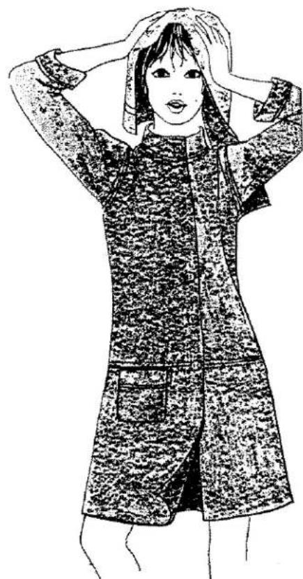 Dessin au trait d'une personne portant un manteau à motifs, les mains sur la tête (sans texte ni symboles).