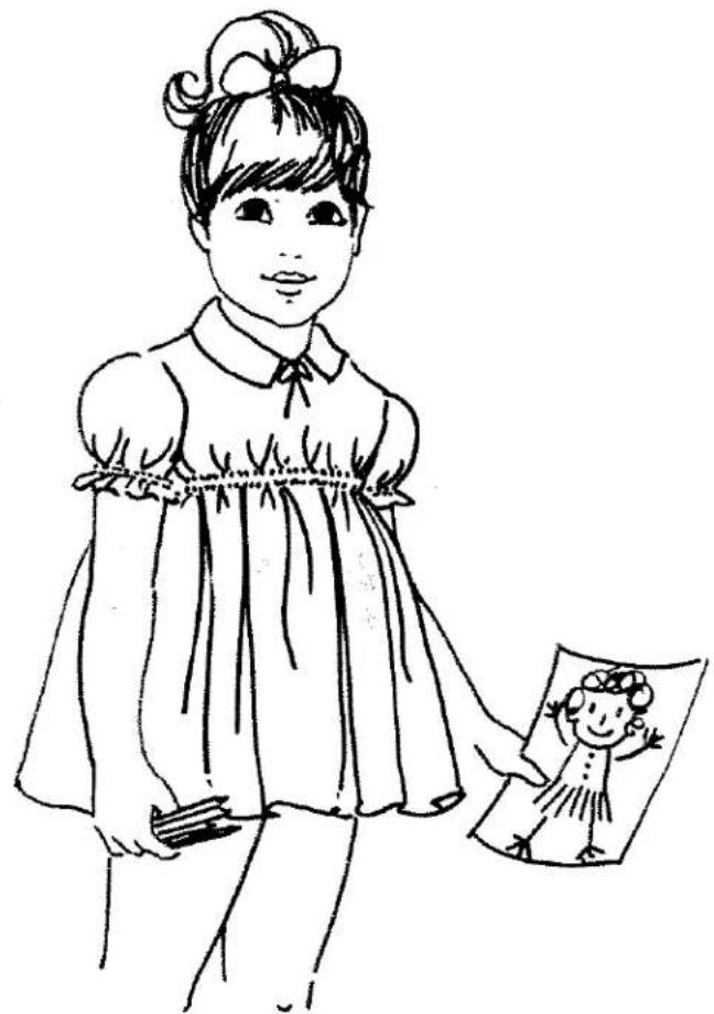Dessin au trait d'une fille en robe tenant un cadre avec une image (aucun texte ou symbole).