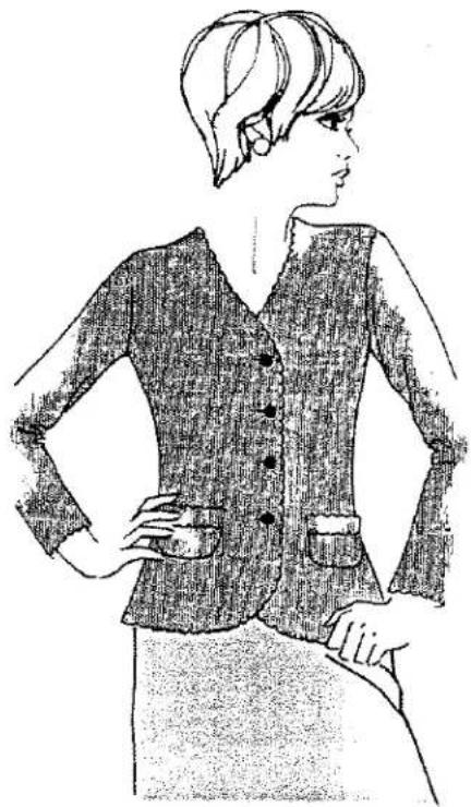 Dessin au trait d'une femme portant un gilet à boutons, les mains sur les hanches (sans texte ni symboles).